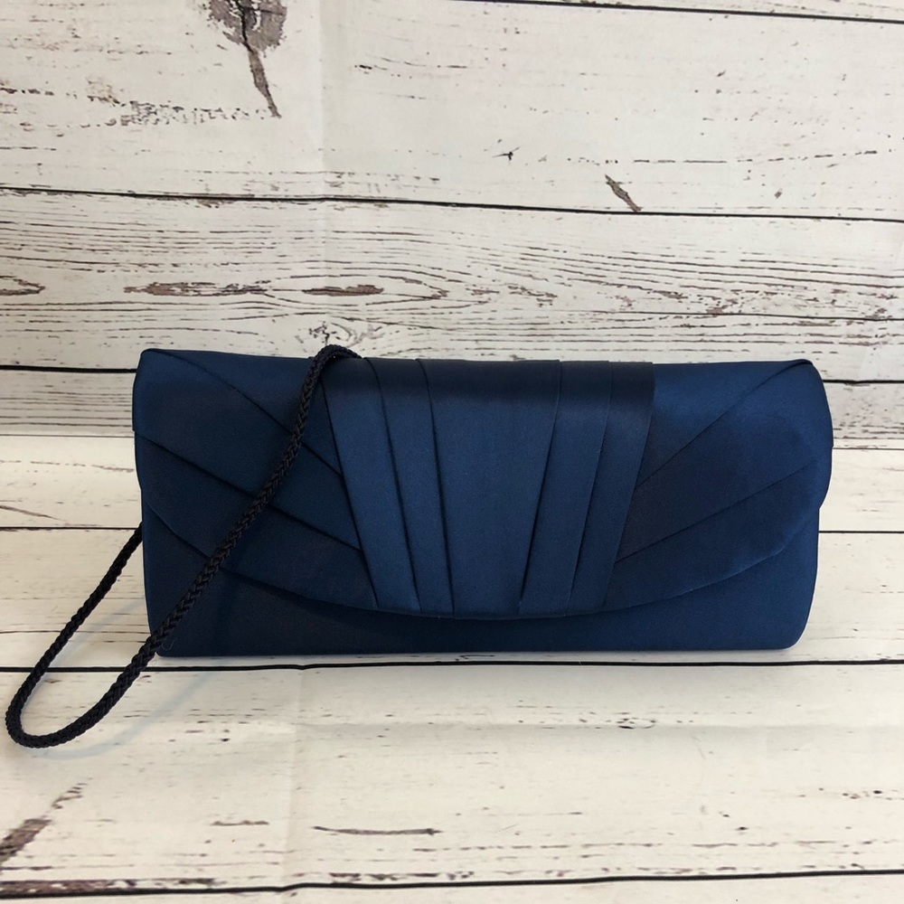 Jessica McClintock Navy Blue Satin Clutch